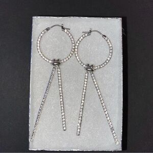 Silver Crystal Hoop Drop Earrings with Dangle Bars